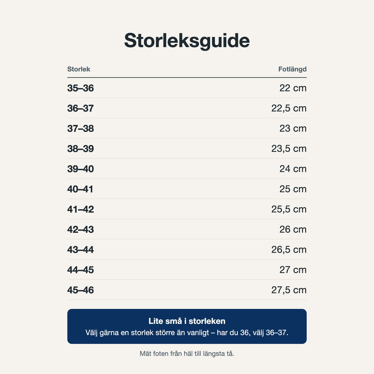 Storleksguide för Hemklinikens Hältofflor, storlek 35–36 till 45–46. Lite små i storleken – välj gärna en storlek större än vanligt.