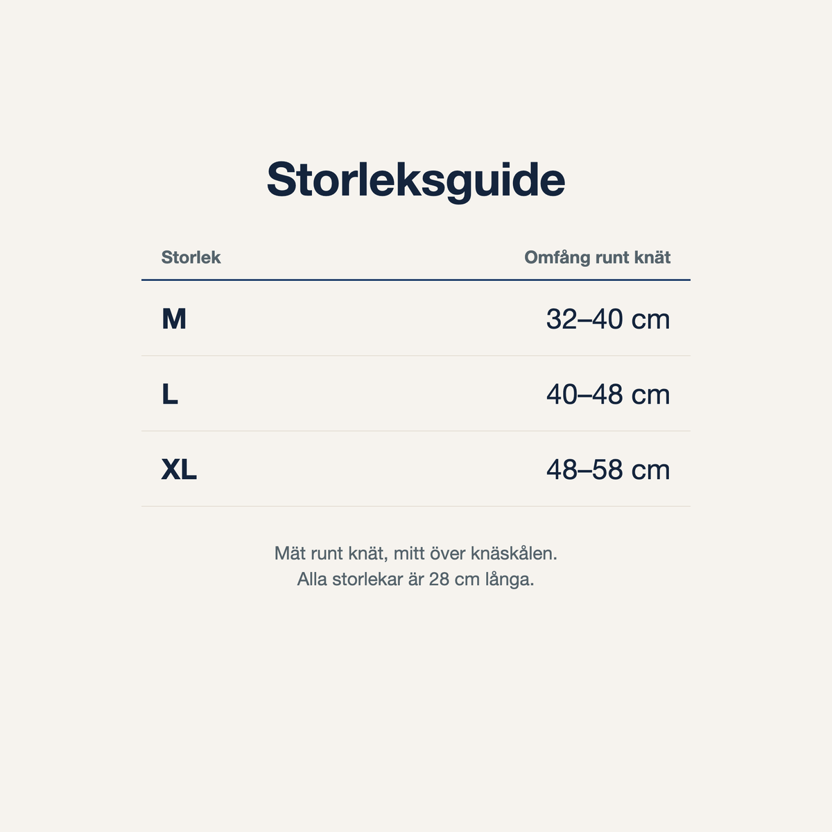 Storleksguide för värmande knästöd, storlek M till XL