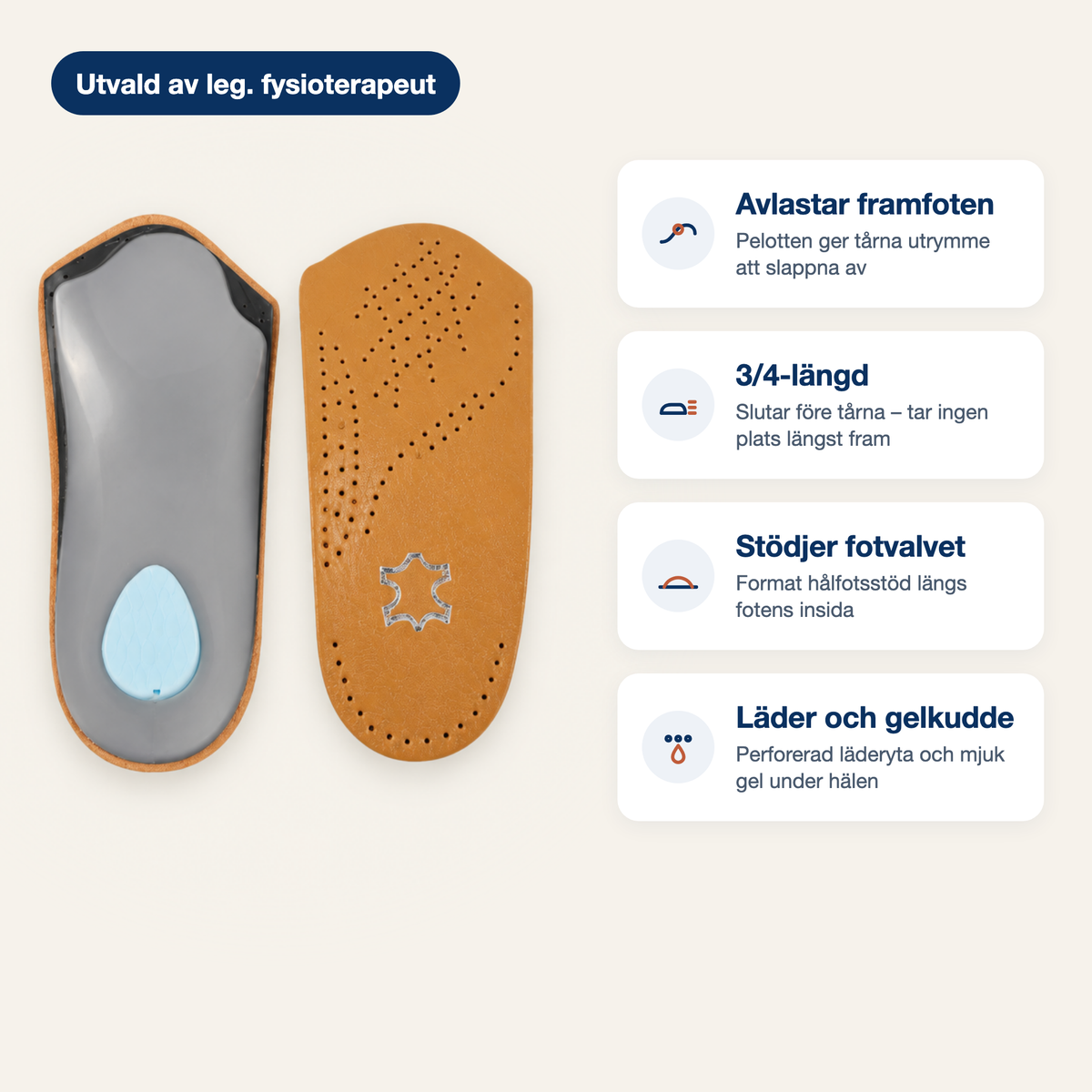 Fördelar: avlastar framfoten, 3/4-längd, stödjer fotvalvet, läder och gelkudde