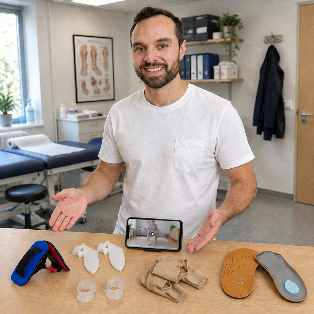 Oliver Selby, certifierad fotspecialist, med alla delar i Hallux Valgus-paketet och videokursen i mobilen