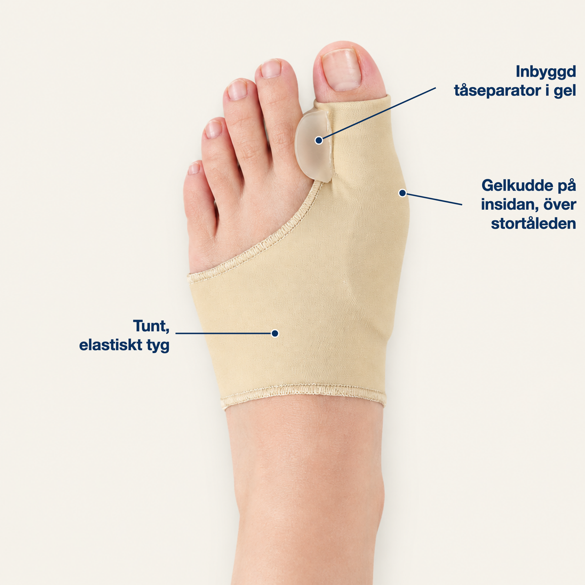 Hallux-strumpa på foten: gelkudde på insidan över stortåleden, inbyggd tåseparator och tunt elastiskt tyg